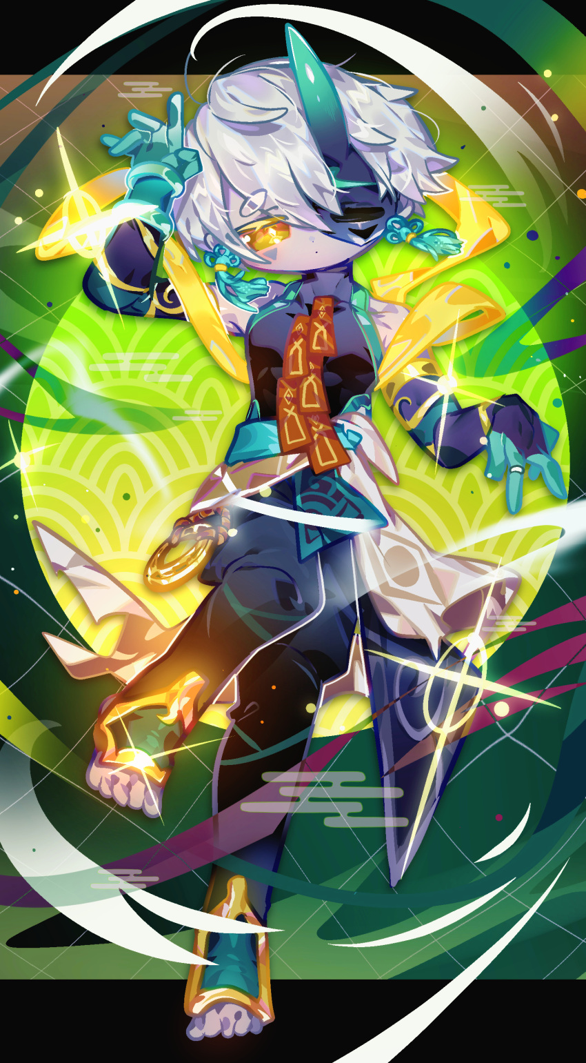1boy, absurdres, aqua_horns, armlet, big_head, black_gloves, black_pants, black_shirt