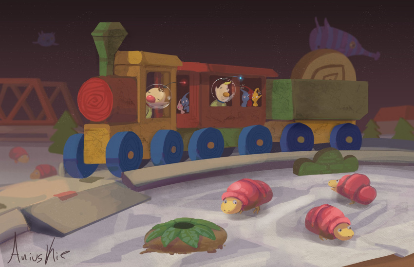 2boys, ani_(puniper), big_nose, black_eyes, blonde_hair, blue_pikmin, blue_skin, breadbug