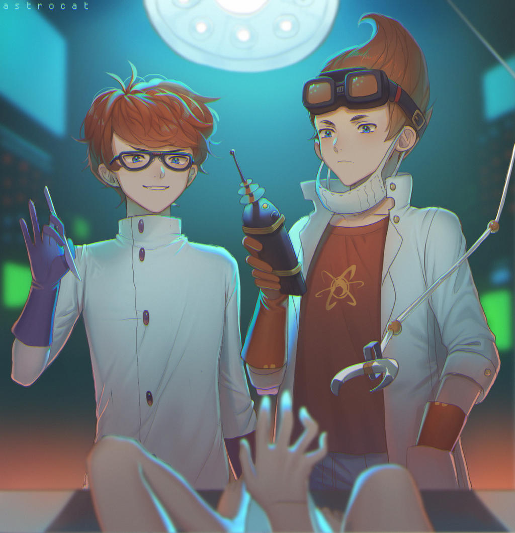2boys, antenna_hair, artist_name, astrocatsama, atom, bare_legs, black-framed_eyewear, blue_eyes