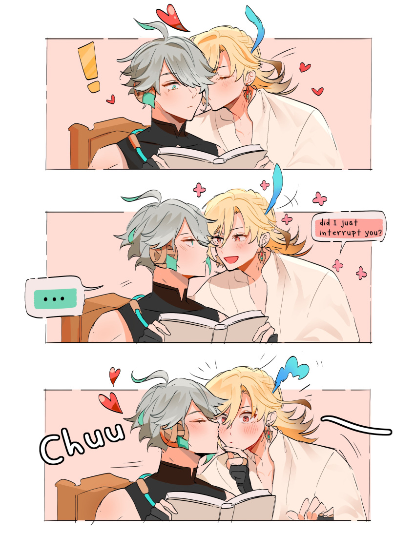 2boys, absurdres, alhaitham_(genshin_impact), black_gloves, blonde_hair, genshin_impact, gloves, grey_hair, highres, kaveh_(genshin_impact), kiss, kissing_cheek, long_hair, multiple_boys, pink_background, red_eyes, shirt, short_hair, white_shirt, yaoi, zafiinui
