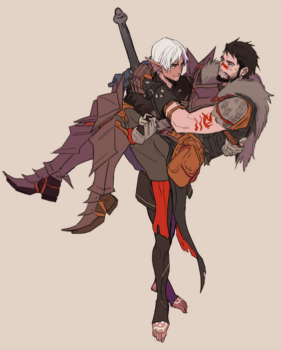 2boys, arm_tattoo, armor, beard, black_hair, carrying, carrying_person, dadasaku