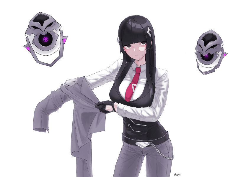 1girl, absurdres, arm_out_of_sleeve, belt, black_belt, black_eyes, black_hair, black_vest