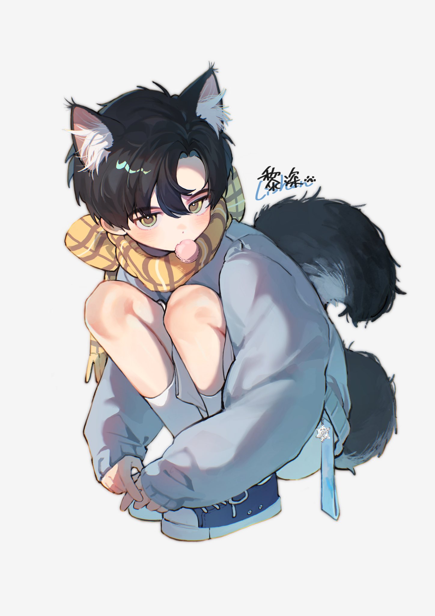 1boy, animal_ear_fluff, animal_ears, ankle_socks, black_hair, blue_footwear, blue_jacket, blush