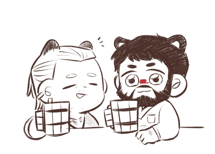 2boys, arm_hair, beard, chest_hair, chibi, closed_eyes, cup, dragon_age