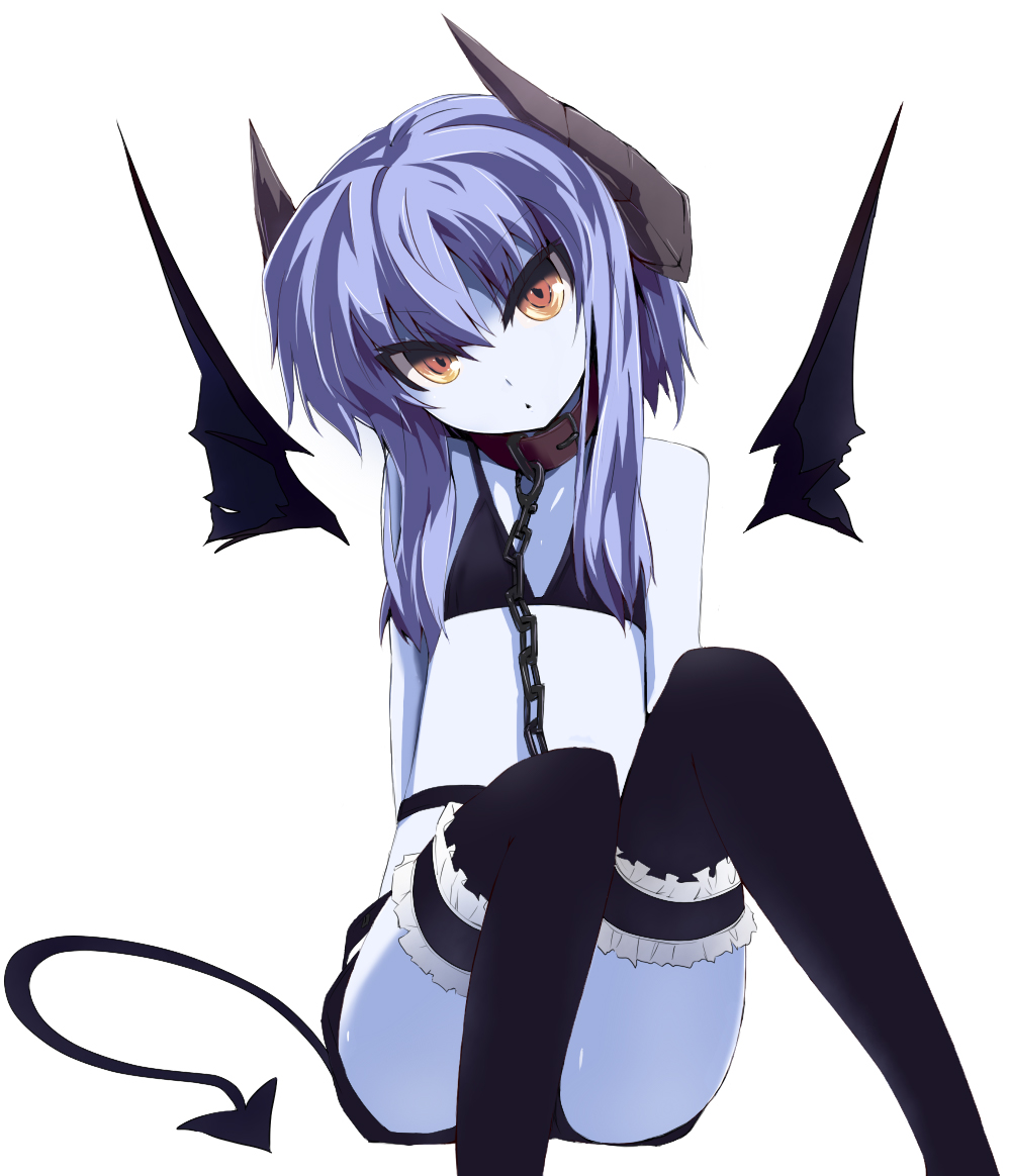 bikini_top, blue_hair, blue_skin, chain, collar, demon_girl, demon_tail, detached_wings