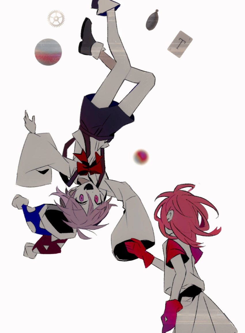 1boy, 1other, ahoge, ball, black_shorts, blue_headwear, boots, bow