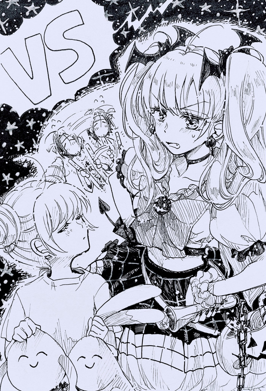 1boy, 2girls, afterimage, alice_(see_greeeen), bat_hair_ornament, blush, bow, bowtie