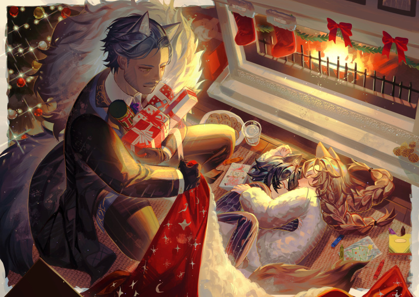 1girl, 2boys, absurdres, aged_down, animal_ears, arknights, bernardo_bellone_(arknights), black_gloves