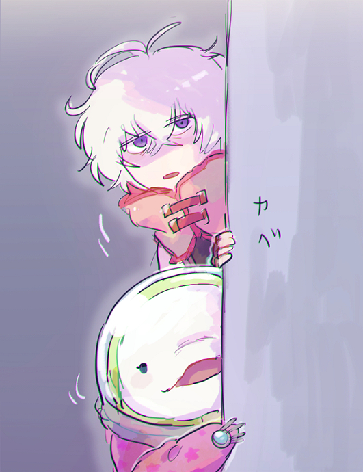1boy, 1girl, bags_under_eyes, beluga_whale, bodysuit, chiimako, detached_sleeves, fingerless_gloves