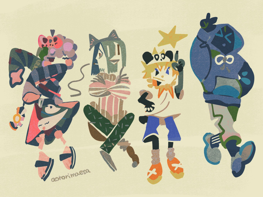 >_<, 4boys, :o, afro, animal_ear_hairband, animal_ears, aonori_maeba, arm_up