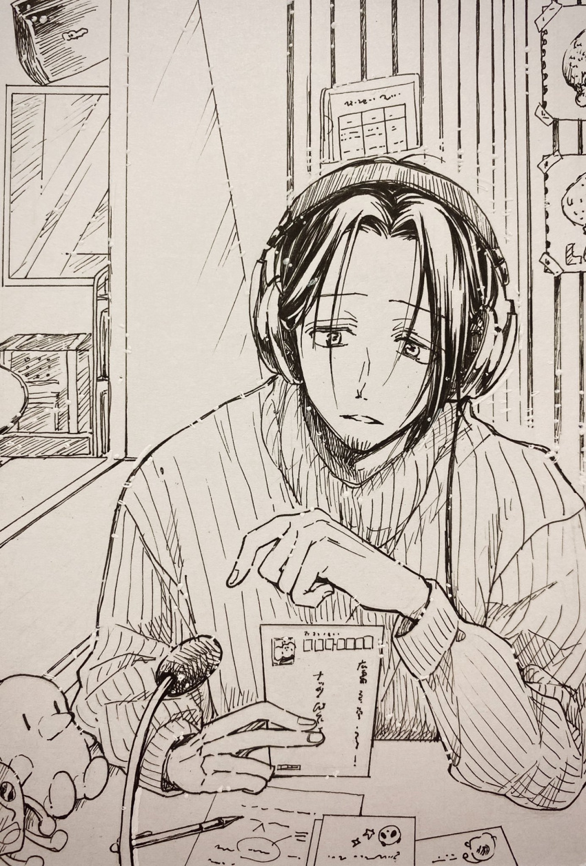 1boy, alice_(see_greeeen), card, commentary_request, curtained_hair, desk_microphone, elbow_on_table, facial_hair