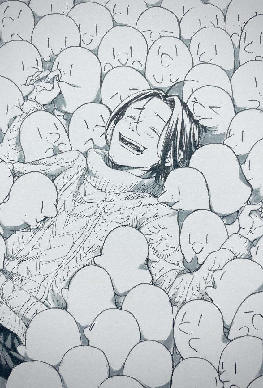 1boy, alice_(see_greeeen), aran_sweater, bird, blush, cable_knit, commentary_request, dutch_angle