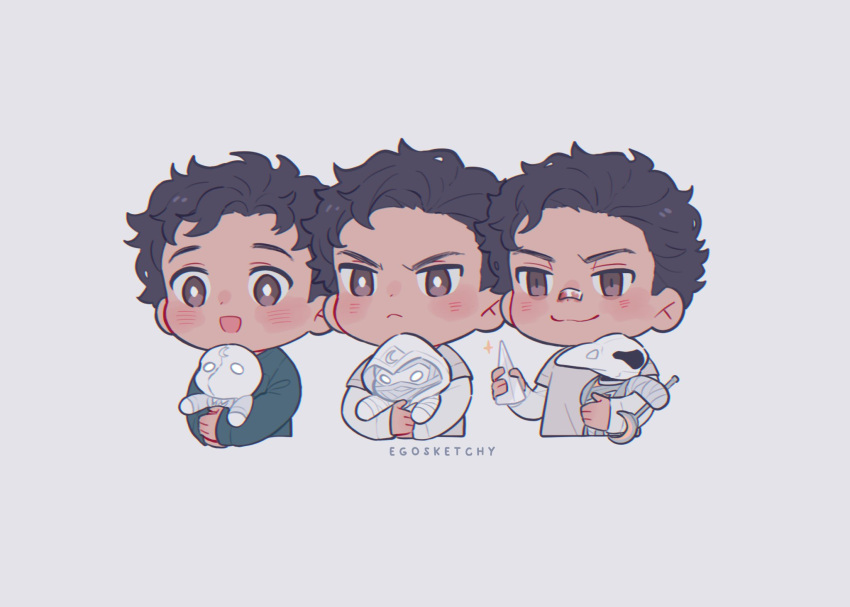 3boys, artist_name, bandaid, bandaid_on_face, bandaid_on_nose, black_hair, blush, brown_eyes