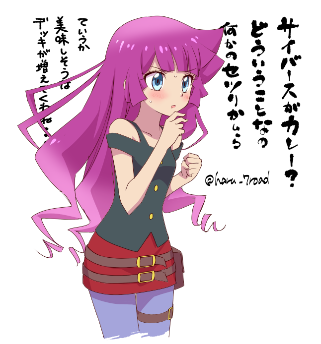 1girl, artist_name, belt, black_shirt, blue_eyes, blush, clenched_hand, clothing_cutout