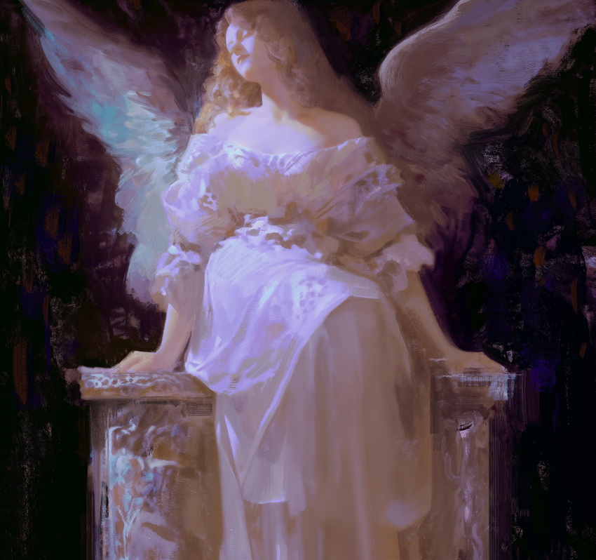 1girl, absurdres, angel, angel_wings, arm_rest, bare_shoulders, black_background, blonde_hair