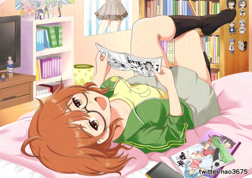 1girl, ahoge, araki_hina, bed_sheet, black_socks, blush, book, bookshelf
