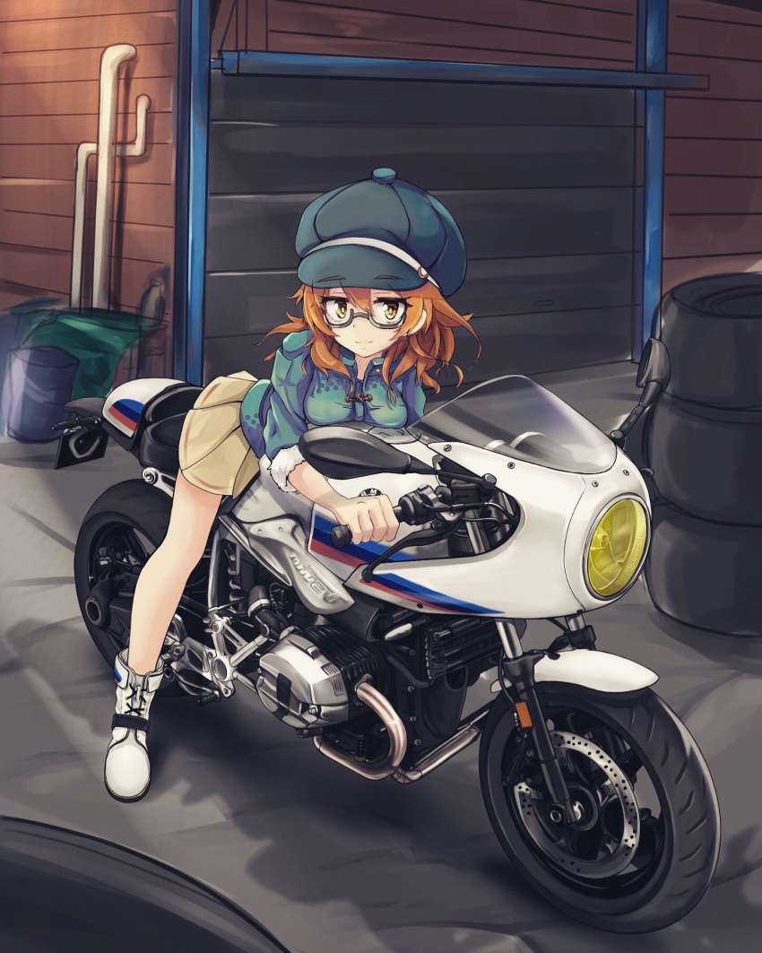 1girl, ankle_boots, araki_hina, blue_headwear, blue_jacket, boots, breasts, brown_eyes