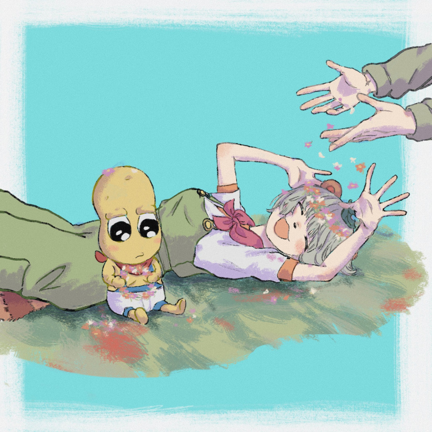 1girl, 2boys, :3, animal_ears, animal_nose, anipoko, bald, bandana