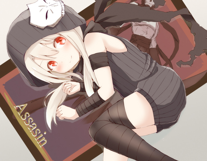 1girl, assassin_(fate/zero), assassin_(fate/zero)_(cosplay), blonde_hair, blush, card, closed_mouth, cosplay
