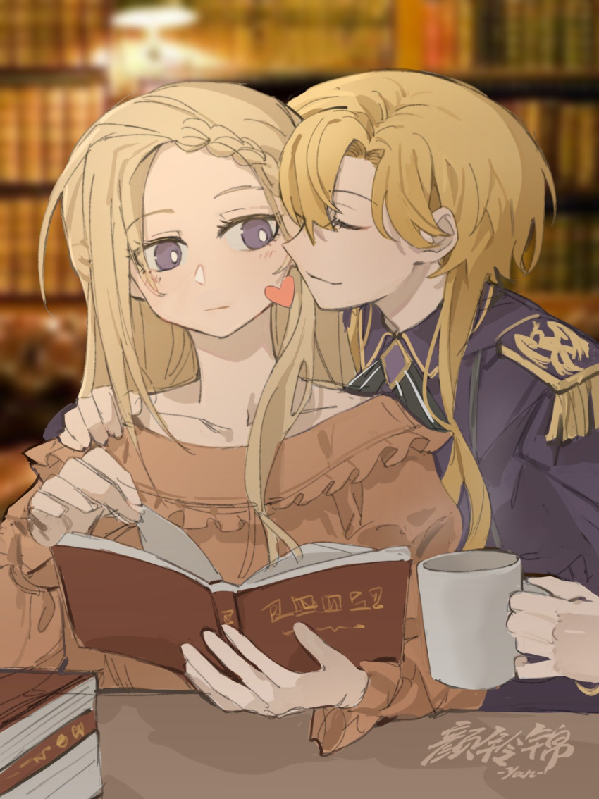 2girls, blonde_hair, book, bright_pupils, chinese_commentary, closed_eyes, closed_mouth, commentary_request, cup, dress, epaulettes, gwyneth_claremont, hand_on_another's_shoulder, heart, highres, holding, holding_book, holding_cup, indoors, jacket, library, long_hair, long_sleeves, multiple_girls, orange_dress, purple_jacket, rose_fryberg, smile, upper_body, violet_eyes, volcano_princess, white_pupils, yanlingjinshilihuahua, yuri