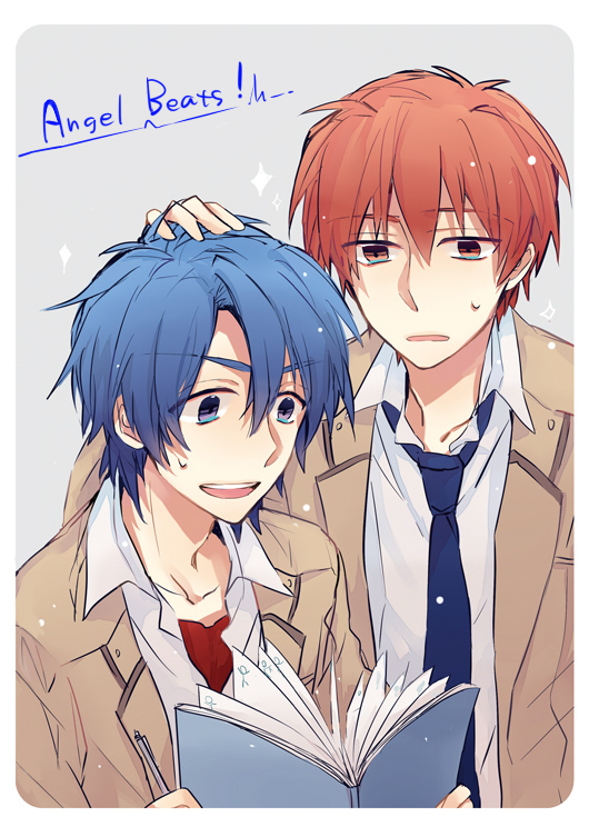 angel_beats!, blue_eyes, blue_hair, book, brown_eyes, brown_hair, chashibu, hinata_(angel_beats!)