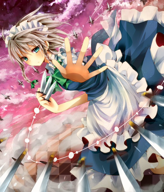 braid, hinase_haruka, izayoi_sakuya, knife, maid, maid_headdress, short_hair, silver_hair
