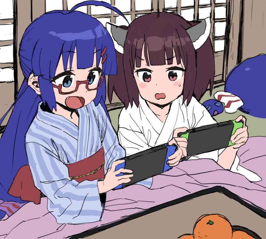 2girls, alternate_costume, blue_eyes, blue_hair, blush, brown_hair, fang, food
