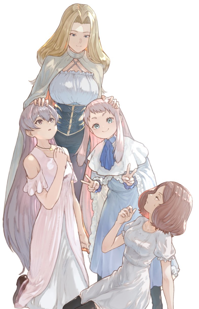 4girls, blonde_hair, blue_dress, blue_eyes, breasts, brown_hair, cape, clothing_cutout