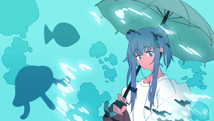 1girl, anima_lyon, blue_background, blue_eyes, blue_hair, brown_jacket, closed_mouth, double_bun, earphones, earphones, expressionless, fish, hair_bun, hair_ornament, hairclip, highres, holding, holding_umbrella, indie_virtual_youtuber, jacket, jacket_partially_removed, jellyfish, long_hair, looking_at_viewer, sadamoto_hokuto, shirt, sidelocks, silhouette, solo, umbrella, umbrella_over_shoulder, upper_body, virtual_youtuber, white_shirt