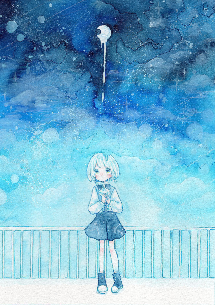 1girl, black_footwear, black_skirt, blue_background, blue_eyes, blue_hair, blue_shirt, blue_sky
