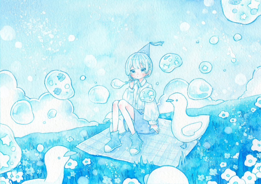 1girl, :o, bird, blanket, blue_background, blue_eyes, blue_footwear, blue_hair
