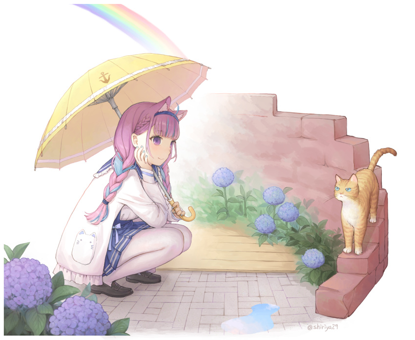 1girl, ahoge, anchor_print, animal_ear_fluff, animal_ears, black_footwear, blue_eyes, blue_hair, blue_hairband, blue_skirt, blunt_bangs, braid, cat, cat_ears, chinese_commentary, closed_mouth, flower, full_body, hairband, hand_on_own_cheek, hand_on_own_face, highres, holding, holding_umbrella, hololive, hydrangea, jacket, loafers, long_hair, long_sleeves, minato_aqua, miya8111, multicolored_hair, pantyhose, pink_hair, plant, rainbow, shoes, side_braid, simple_background, skirt, smile, solo, squatting, stone_floor, twin_braids, twitter_username, two-tone_hair, umbrella, violet_eyes, virtual_youtuber, white_background, white_jacket, white_pantyhose, wooden_floor, yellow_umbrella