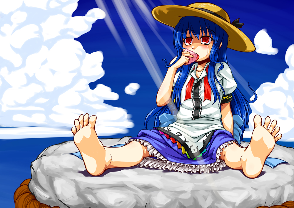 blue_hair, eating, feet, food, foreshortening, fruit, hat, hinanawi_tenshi, holding, holding_fruit, kagelantern, keystone, long_hair, peach, red_eyes, shimenawa, soles, solo, toes, touhou