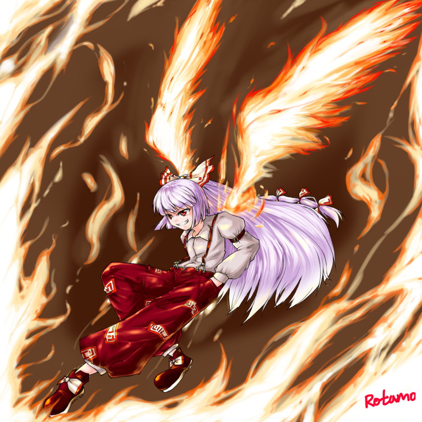 bow, fiery_wings, fire, fujiwara_no_mokou, grin, hair_bow, hair_ribbon, hand_in_pocket