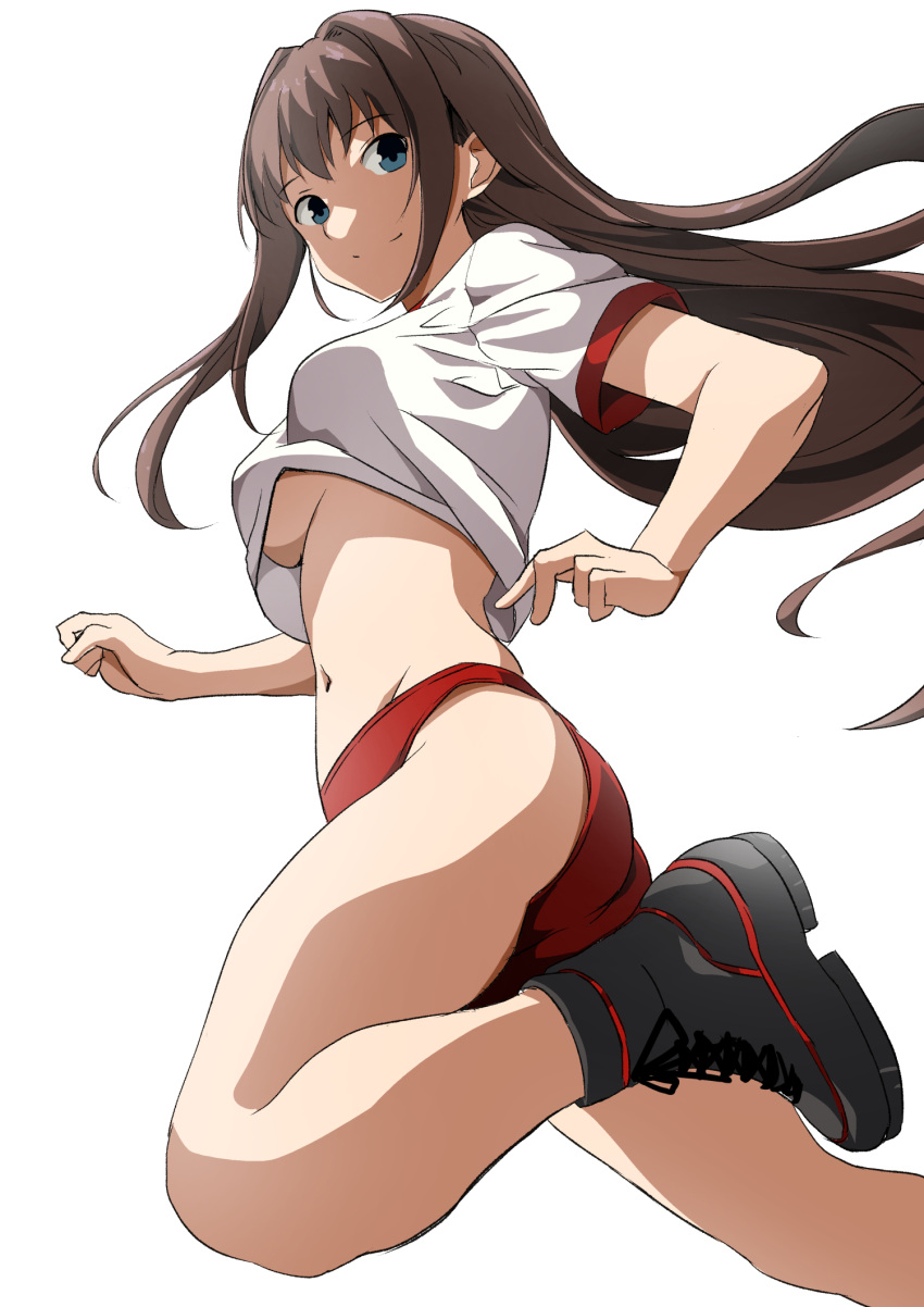 aozaki_aoko, black_footwear, blue_eyes, brown_hair, buruma, gym_shirt, gym_uniform, hair_intakes, highres, kisimat_t, long_hair, mahou_tsukai_no_yoru, red_buruma, shirt, shoes, sportswear