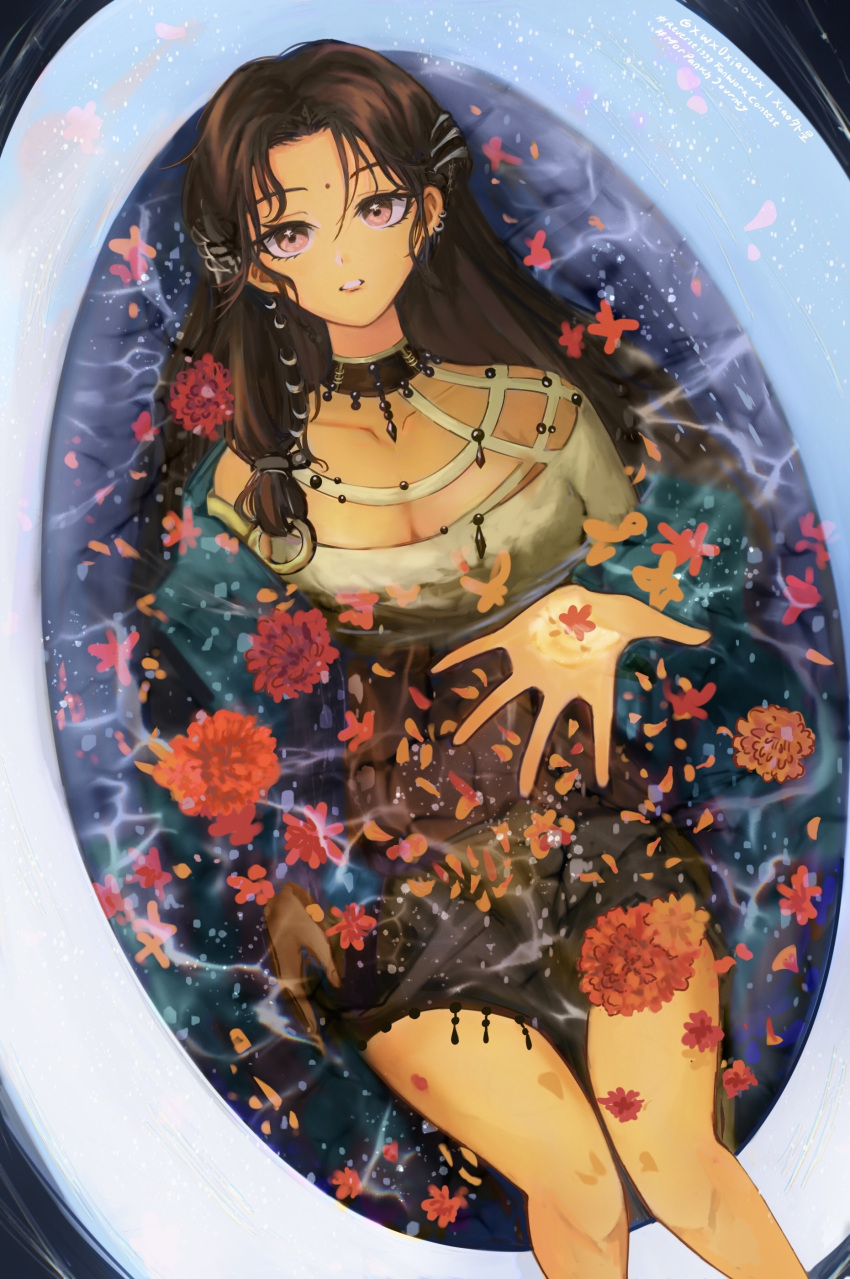 1girl, absurdres, bathing, bathtub, bindi, black_hair, dark-skinned_female, dark_skin