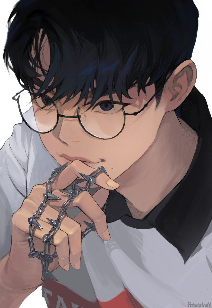 1boy, absurdres, black_eyes, black_hair, faker_(gamer), glasses, hand_on_own_face, highres