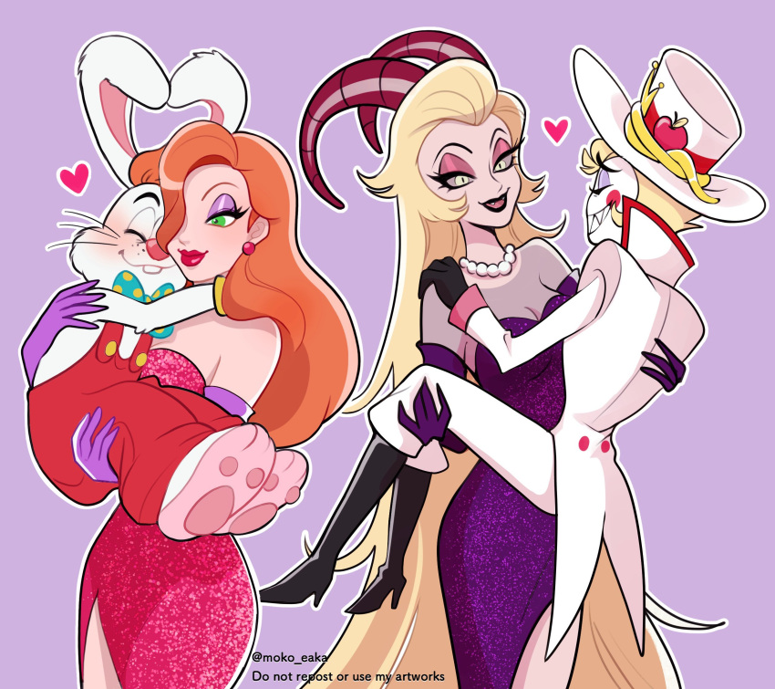 2boys, 2girls, animal_ears, black_gloves, blonde_hair, buck_teeth, character_request, closed_eyes