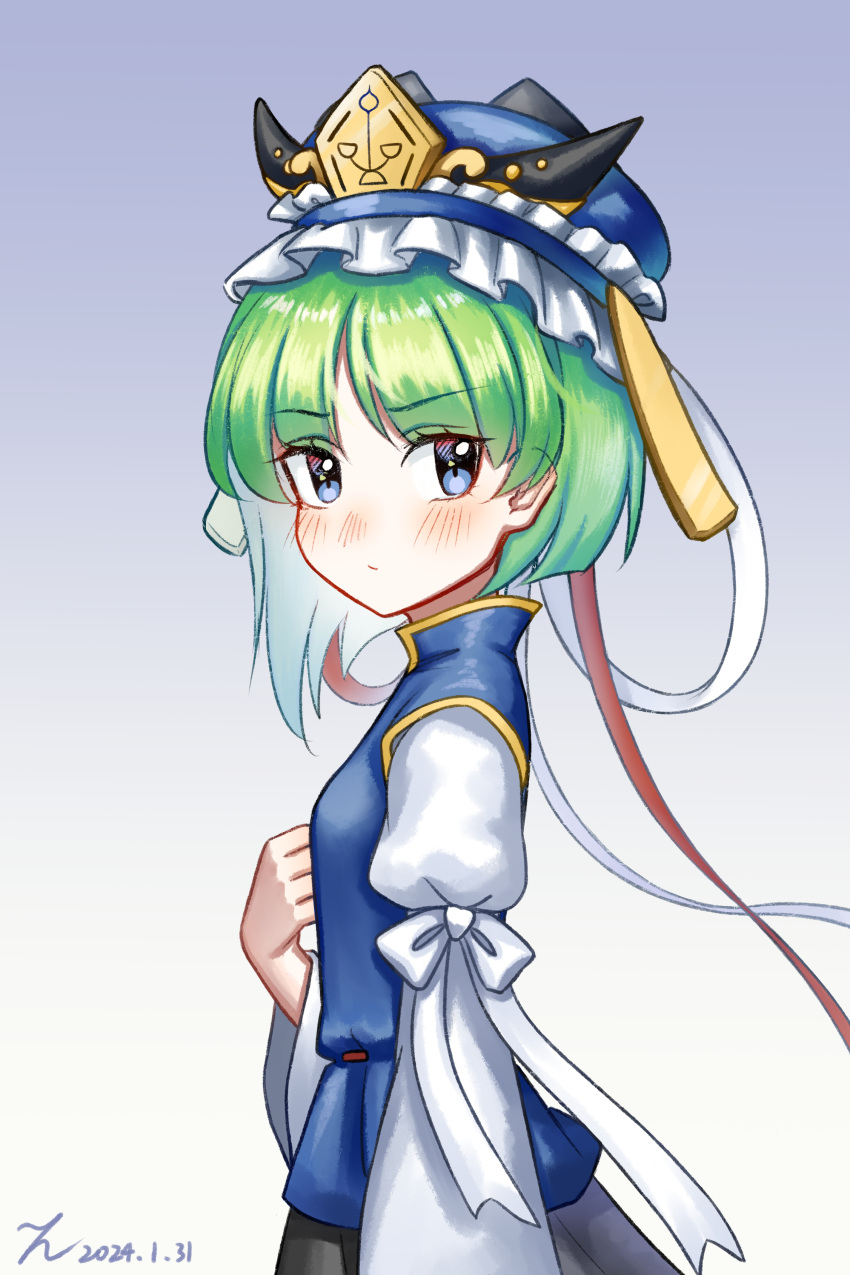 1girl, absurdres, asymmetrical_hair, blue_eyes, blue_headwear, blue_vest, blush, bow