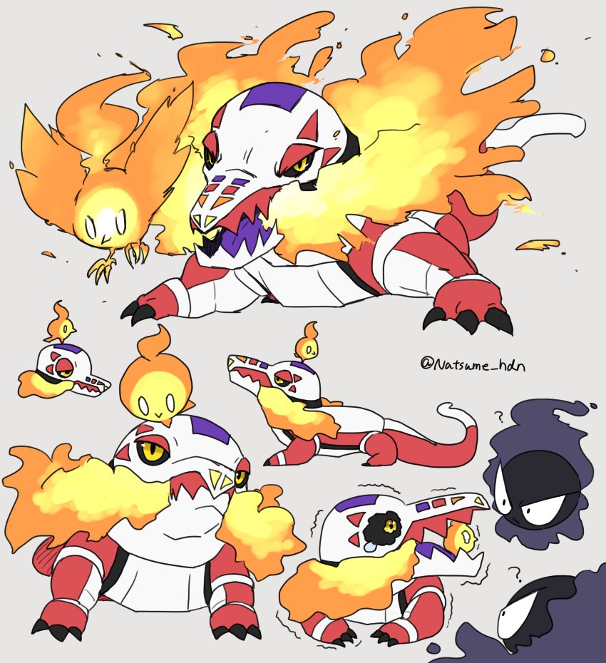 artist_name, black_sclera, colored_sclera, colored_skin, crocodile, crocodilian, fangs, fire_bird_(skeledirge), gastly, ghost, hidane_(natsume_hdn), long_tail, multicolored_skin, no_humans, pokemon, pokemon_(creature), red_skin, skeledirge, skin_fangs, tail, twitter_username, two-tone_skin, white_skin, yellow_eyes