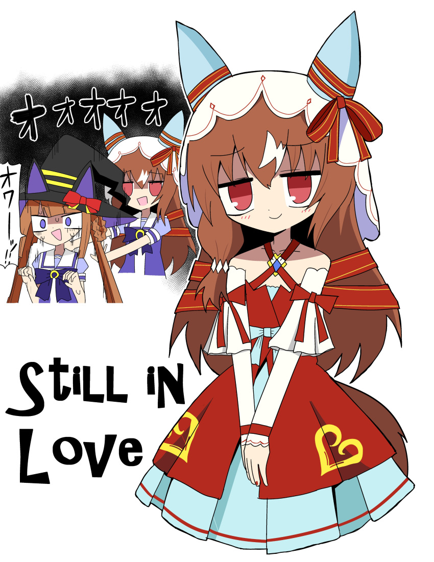 2girls, absurdres, brown_hair, character_name, closed_mouth, commentary_request, from_behind, hair_between_eyes