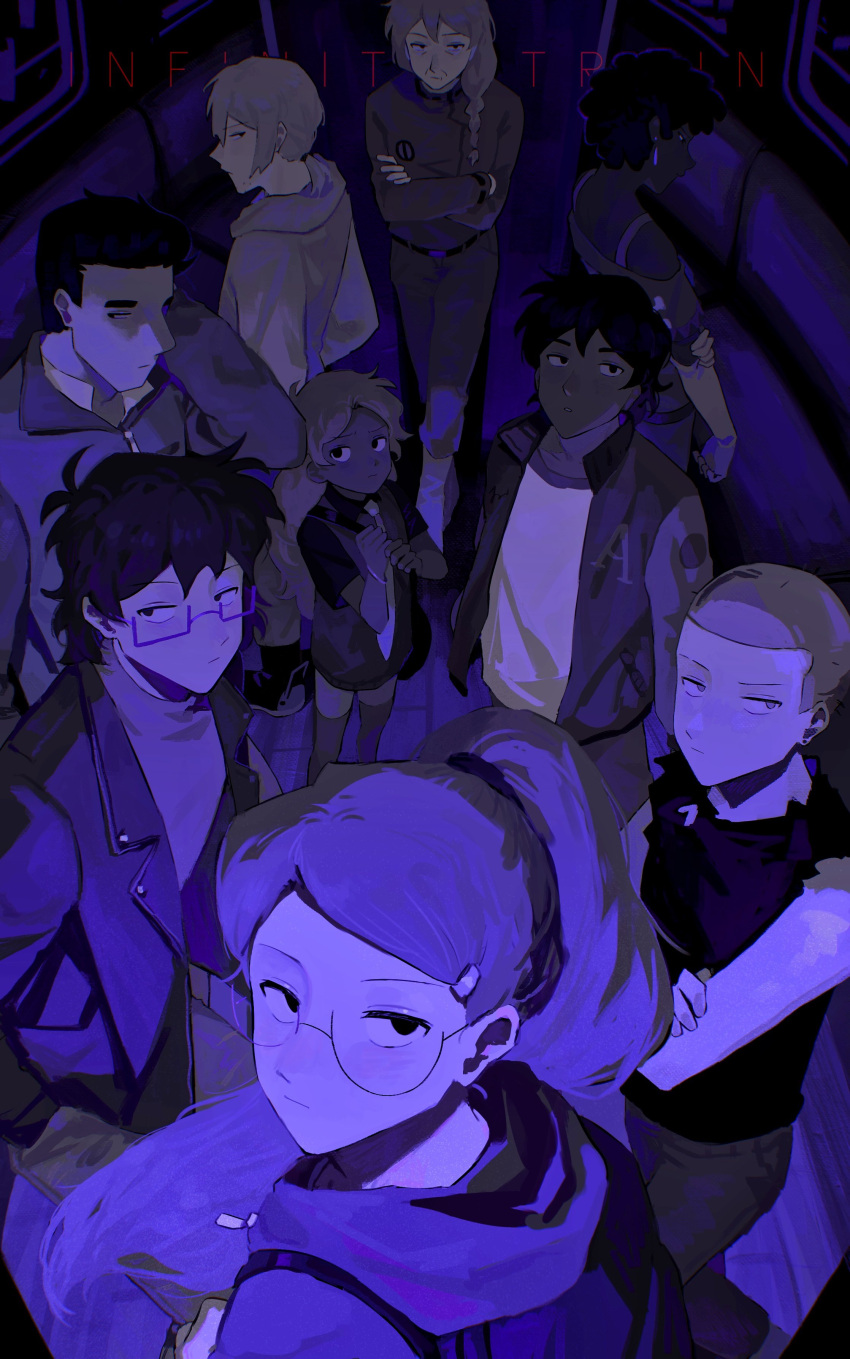 3boys, 6+girls, a-kai202, absurdres, black_hair, character_request, child, english_commentary, everyone, glasses, hazel_(infinity_train), highres, infinity_train, jacket, long_hair, looking_at_viewer, metal_skin, multiple_boys, multiple_girls, open_clothes, open_jacket, train_interior, tulip_olsen, window
