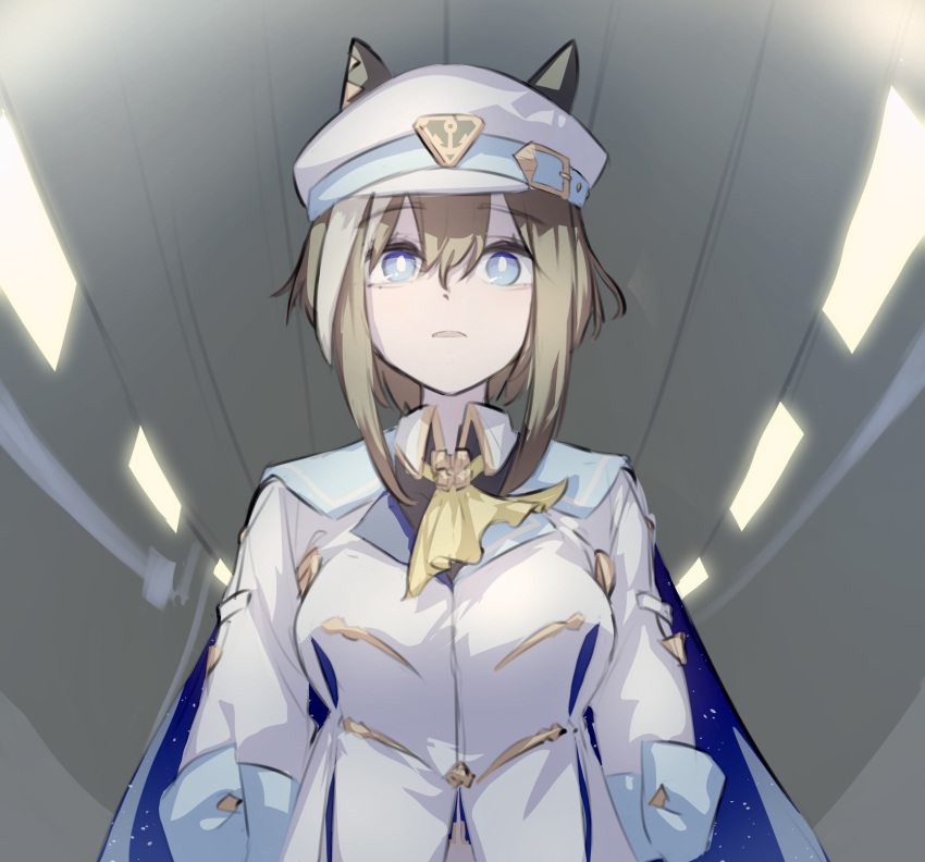 1girl, animal_ear_headwear, animal_ears, arms_at_sides, ascot, blue_eyes, breasts, bright_pupils