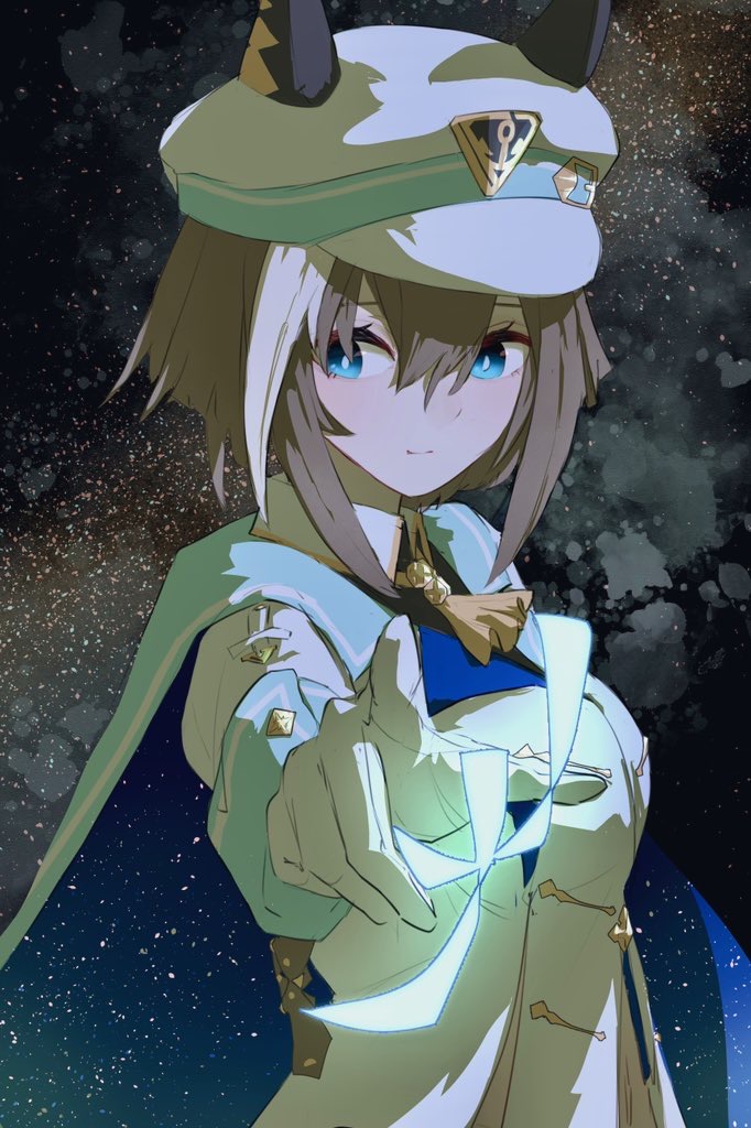 1girl, animal_ear_headwear, animal_ears, ascot, blue_eyes, bright_pupils, brown_hair, cape, cheval_grand_(umamusume), closed_mouth, hair_between_eyes, hat_belt, horse_ears, jacket, long_sleeves, multicolored_hair, night, outstretched_arm, reaching, reaching_towards_viewer, sasa_fune, short_hair, smile, solo, star_(sky), streaked_hair, umamusume, upper_body, white_headwear, white_jacket, white_pupils, yellow_ascot