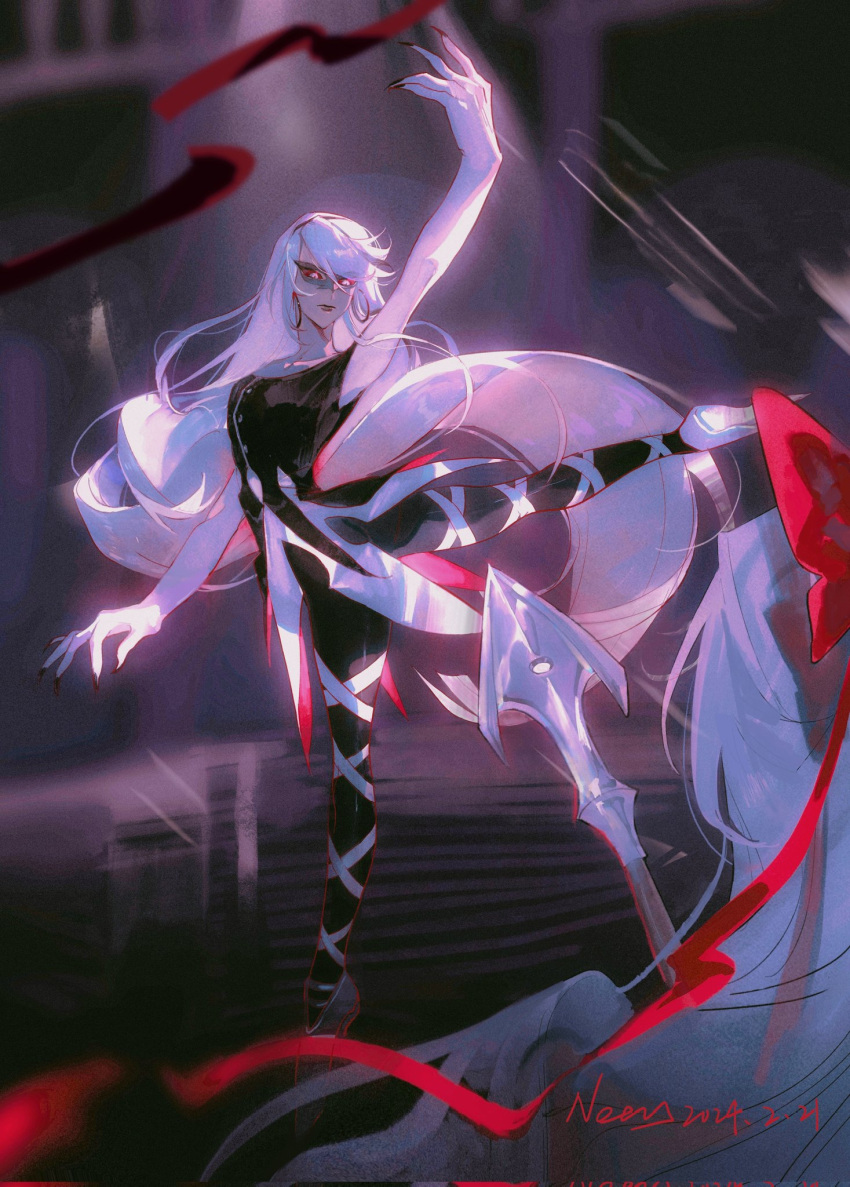 2girls, ballerina, ballet_slippers, carmilla_carmine_(hazbin_hotel), demon_girl, dress, hair_ribbon, hazbin_hotel, highres, holding, holding_polearm, holding_weapon, long_hair, looking_at_another, multiple_girls, noey_nuoyi, polearm, ribbon, tight_clothes, tight_dress, vaggie, very_long_hair, weapon