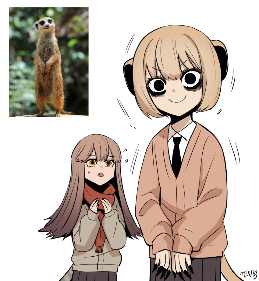 2girls, animal_ears, bags_under_eyes, black_eyes, black_nails, black_necktie, bloodshot_eyes, brown_hair, brown_skirt, cardigan, collared_shirt, colored_sclera, creature_and_personification, fang, fingernails, flying_sweatdrops, gegegekman, highres, jacket, lizard_tail, long_hair, looking_at_another, looking_at_viewer, meerkat, meerkat_ears, meerkat_tail, multiple_girls, necktie, open_mouth, orange_eyes, original, photo_inset, red_scarf, reference_inset, reptile_girl, scarf, sharp_fingernails, shirt, short_hair, signature, skirt, sleeves_past_wrists, smile, sweat, tail, trembling, v_arms, white_background, white_shirt, wide-eyed, yellow_sclera