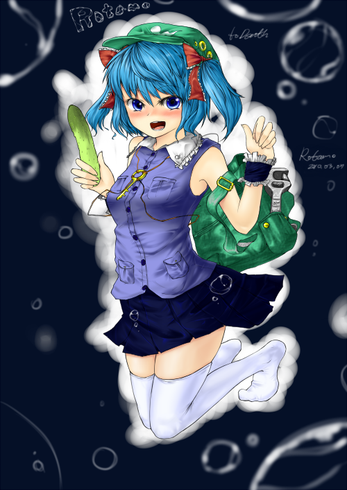 alternate_costume, backpack, bag, blue_eyes, blue_hair, contemporary, cucumber, hair_ribbon