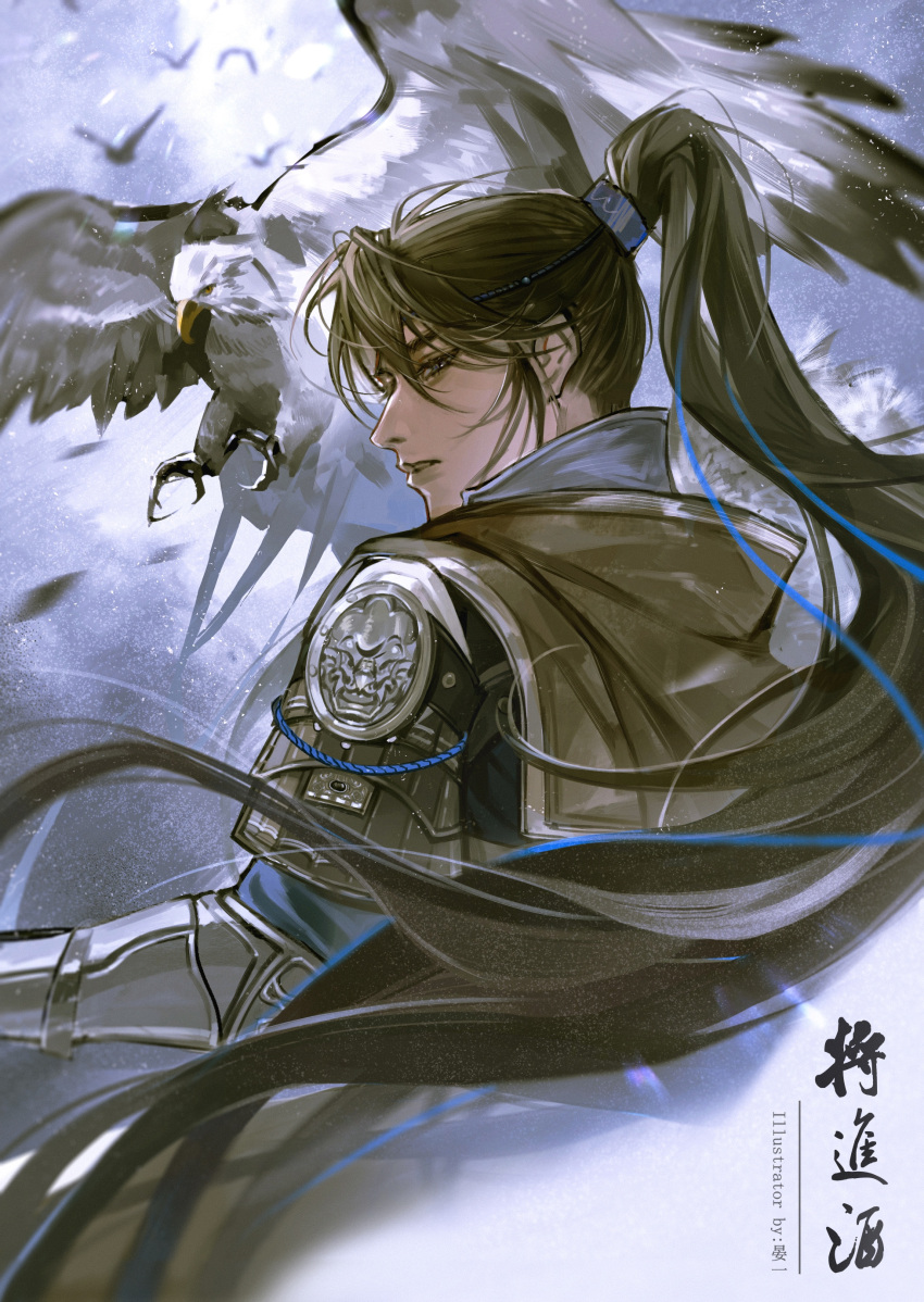 1boy, absurdres, armor, artist_name, bird, blue_ribbon, bracer, capelet, copyright_name, falcon, fur_trim, grey_eyes, hair_ribbon, high_ponytail, highres, long_hair, open_mouth, qiang_jin_jiu, ribbon, shoulder_armor, snow, snowing, solo, thick_eyebrows, wind, wind_lift, xiao_chiye, yanyi_(ayan0819)