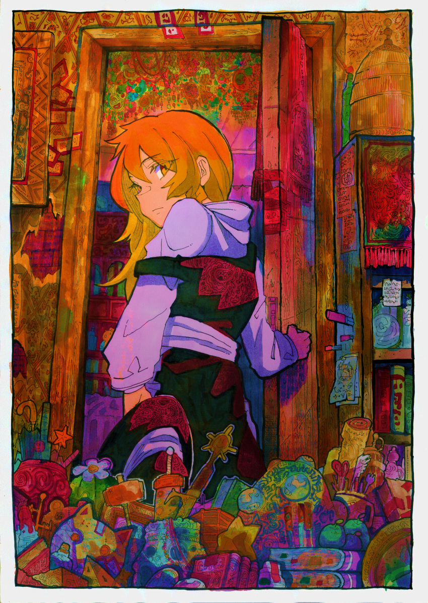 1girl, absurdres, birdcage, black_headwear, black_skirt, black_vest, blonde_hair, book