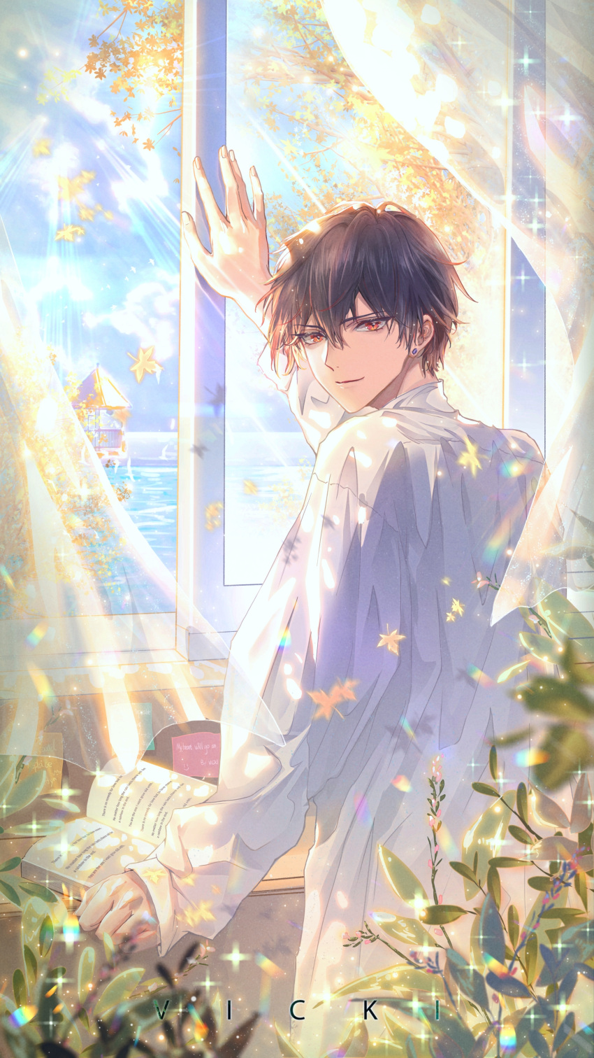 1boy, absurdres, artist_name, ayn_alwyn, black_hair, book, closed_mouth, clouds, curtains, day, earrings, falling_leaves, from_behind, hair_between_eyes, hand_up, highres, indoors, jewelry, leaf, light_rays, long_sleeves, looking_at_viewer, looking_back, lovebrush_chronicles, male_focus, maple_leaf, maple_tree, ocean, open_book, plant, red_eyes, shirt, short_hair, sleeves_past_wrists, smile, solo, sparkle, standing, sticky_note, stud_earrings, sunlight, table, transparent_curtains, tree, untucked_shirt, upper_body, vicki_yiyi, white_shirt, window